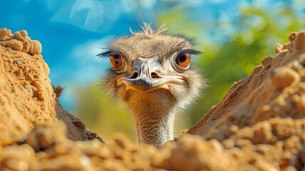 Curious ostrich head peeking over sandy mound against a blue sky - obrazy, fototapety, plakaty