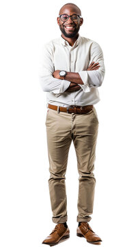Full body photo of a smiling black male teacher, isolated on white