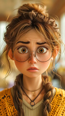A cute cartoon girl with funny expression, 3D, illustration