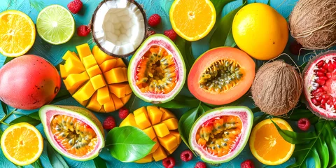 Fotobehang flat lay photo of juicy tropic fruits, coconut, passion fruit, mango and others, on a blue background © Design Resources