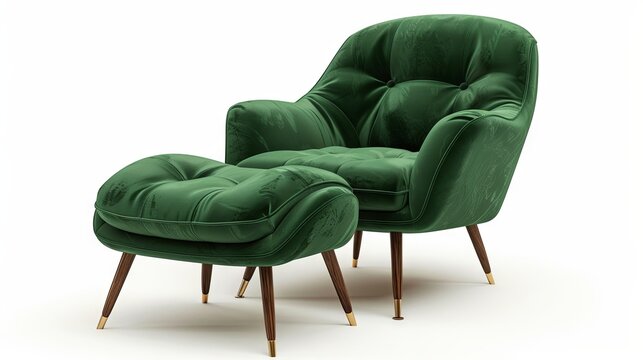 Elegant green velvet armchair and footstool on white background