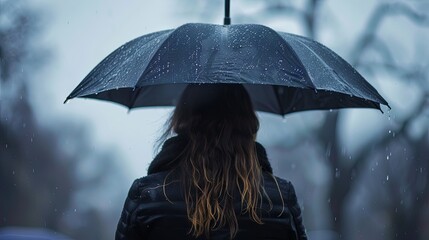 Rainy day contemplation with woman holding black umbrella