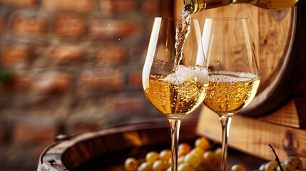 Elegant white wine pouring into glasses with rustic barrel background - obrazy, fototapety, plakaty