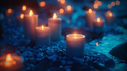 Candles glowing warmly with a tranquil blue bokeh background creating a peaceful ambiance