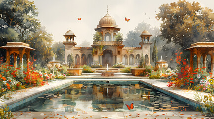 Garden of Opulence: Butterflies Dance Amid Mughal Magnificence