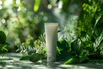 A white cream tube stands among vibrant green leaves, highlighted by natural sunlight.
