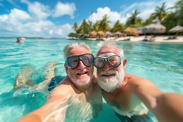 Senior Couple Enjoying Snorkeling in Tropical Waters, Taking a Fun Selfie - obrazy, fototapety, plakaty