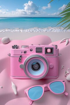 Flat Lay of Travel Essentials on Pink Sand with Camera and Sunglasses Overlooking Tropical Ocean
