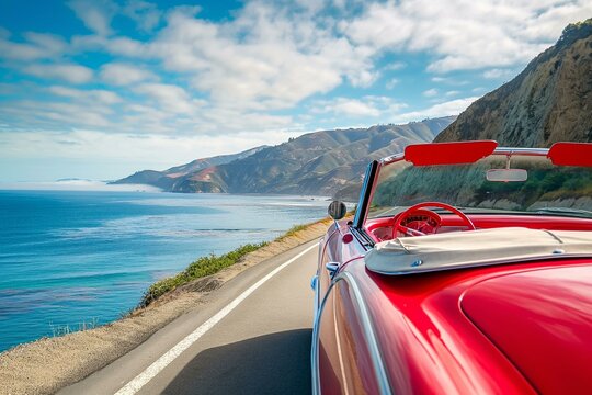 Fototapeta Classic Red Convertible on a Coastal Road Trip: Stunning Scenery and Ocean Views