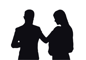 Young couple standing and discussing vector illustration.