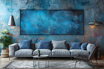 Minimalistic Living Room with Empty Canvas - Grey Couch, Cyan Accent