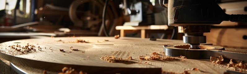 Drill on a table with wood chips. Banner