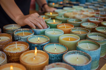 A person creating and selling handmade candles at a pop-up market, showcasing a craftwork side hustle.