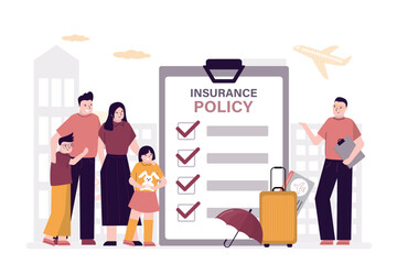 Travel insurance for all family. Agent give insurance policy. Safety travel, parents and children with passport, tickets and suitcase.