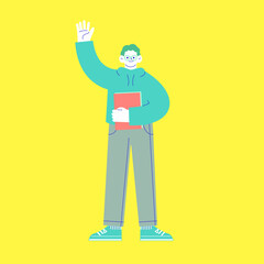 ファイルを抱えたメガネの男性が手をあげて挨拶しているイラスト　白い背景に分離されたフラットなRGBのベクター素材 - obrazy, fototapety, plakaty