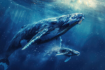 a whale is swimming under the water with the whale in the background - obrazy, fototapety, plakaty