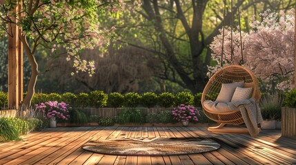 Relaxing deck with a swing chair and cozy blankets, surrounded by trees and flowers, providing a tranquil spot for unwinding and reflection. - Powered by Adobe