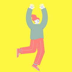 嬉しくてジャンプする女性のイラスト　白い背景に分離されたフラットなRGBのベクター素材
