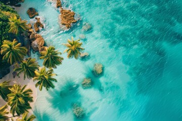 Fototapeta na wymiar Aerial view of a beach with palm trees and clear blue water