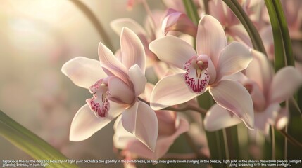 Delicate beauty  light pink orchids swaying gently in sunlight, petals glowing in warmth
