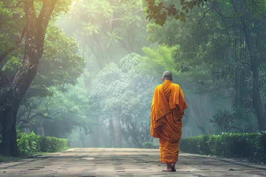 a monk walks down a path in the morning.
