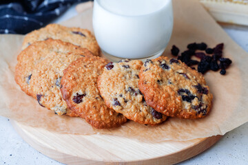 Oats Cookies With Chocolate Drops And Glass Of Milk. Flat Lay.