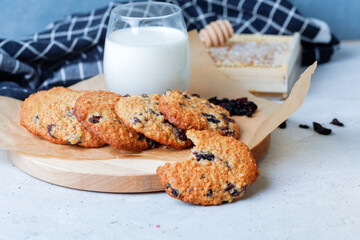 Oats Cookies With Chocolate Drops, Honey And Glass Of Milk. Side View On Grey Background.