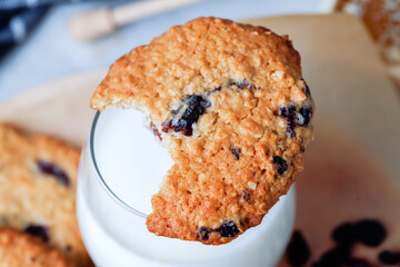 Oats Cookie With Chocolate Drops On Glass Of Milk. Flat Lay. Close Up.