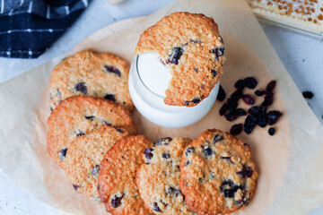 Oats Cookies With Chocolate Drops And Glass Of Milk. Flat Lay.