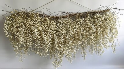   A wall-mounted arrangement of flowers against a clean white backdrop
