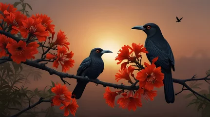 Fototapeten Illustration of erythrina red flowers and a black single asian koel bird with sunset.generative.ai © Waqar