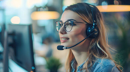 Woman customer service representative wearing a headset is sitting at a computer