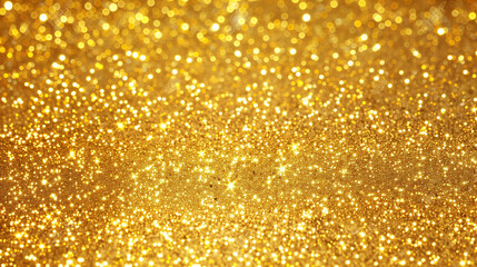 Gold Sparkling Festive Background with Noise Texture and Gold Flakes Bokeh and Defocused. Holiday Christmas Card or Winter Invitation Background.