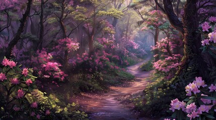 Rhododendrons form a tunnel of pink and purple blooms, their lush foliage providing shade and shelter for weary travelers. - obrazy, fototapety, plakaty