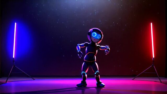 Robot dancing in studio lights blue red purple tones seamless loop animation