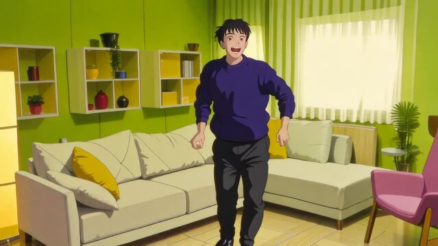 Rotoscoping man dacing in leaving room blue sweater dress pants seamless loop animation