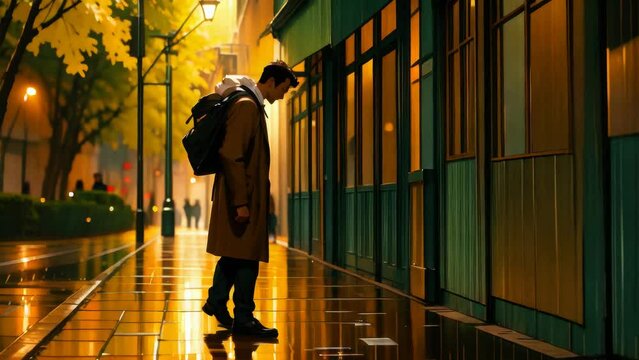 Sad man walking in the rain looking down seamless loop animation