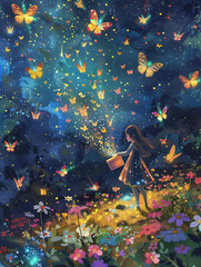 Blossoming Wishes: Girl Unleashing Glowing Butterflies And Light Dots