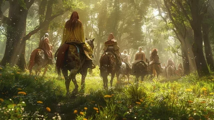 Wandaufkleber Vibrantly clad horseback riders traverse enchanted forest under dappled sunlight © RECARTFRAME CH