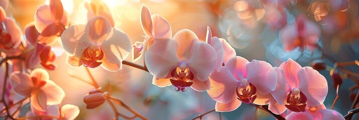 Vibrant light pink orchids in full bloom in a lush garden under the warm sunlight