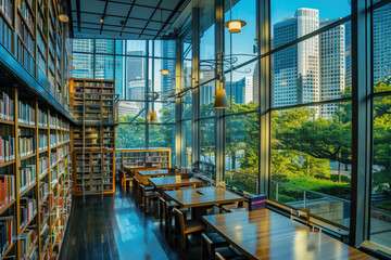 
library with city view