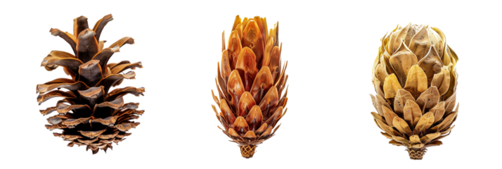 set of cypress cones, varied sizes and textures, isolated on transparent backgroun