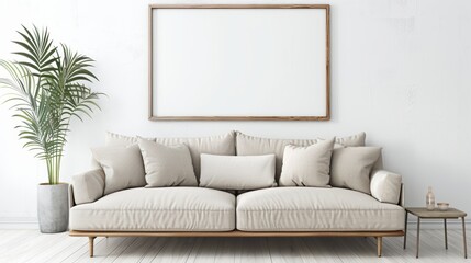 interior design of modern living room with beige fabric sofa and cushions. White wall with frame and space for text, living, furniture
