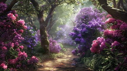 Rhododendrons form a tunnel of pink and purple blooms, their lush foliage providing shade and...