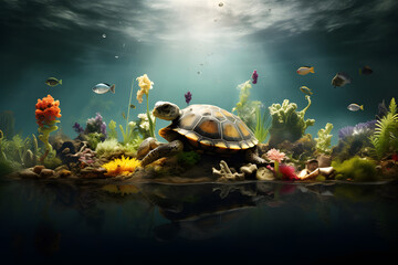 International Biodiversity Day. Aquatic animals, turtle and fish in clear water.