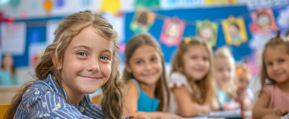 Obraz premium primary elementary school group of children studying in the classroom. learning and sitting at the desk. young cute kids smiling, high quality photo