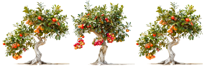 set of arbutus trees, with peeling bark and vibrant fruits, isolated on transparent backgroun