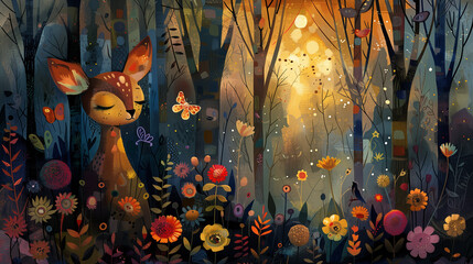 Enchanted forest scene with a whimsical deer and colorful flora.
