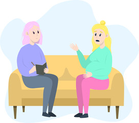 Psychotherapy session - pregnant woman talking to psychologist sitting on sofa. Mental health concept, vector illustration in flat style