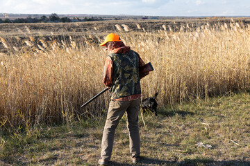 Mature man hunter with gun while walking on field.